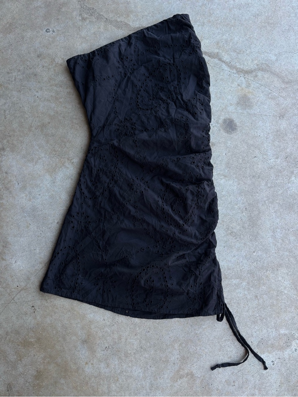 Black Eyelet Mini Dress with Side Drawstring